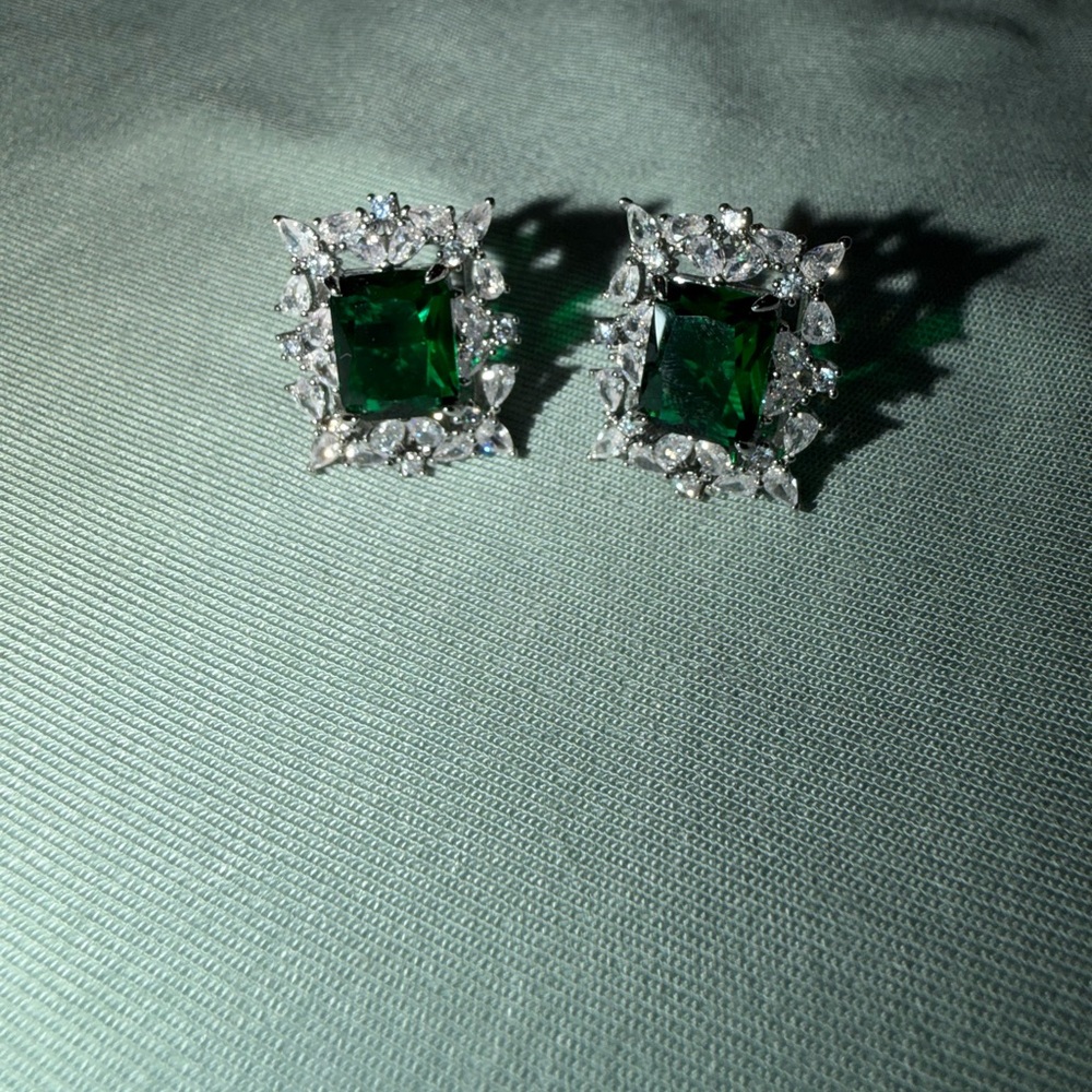 Emerald Green Square Halo Stud Earrings by